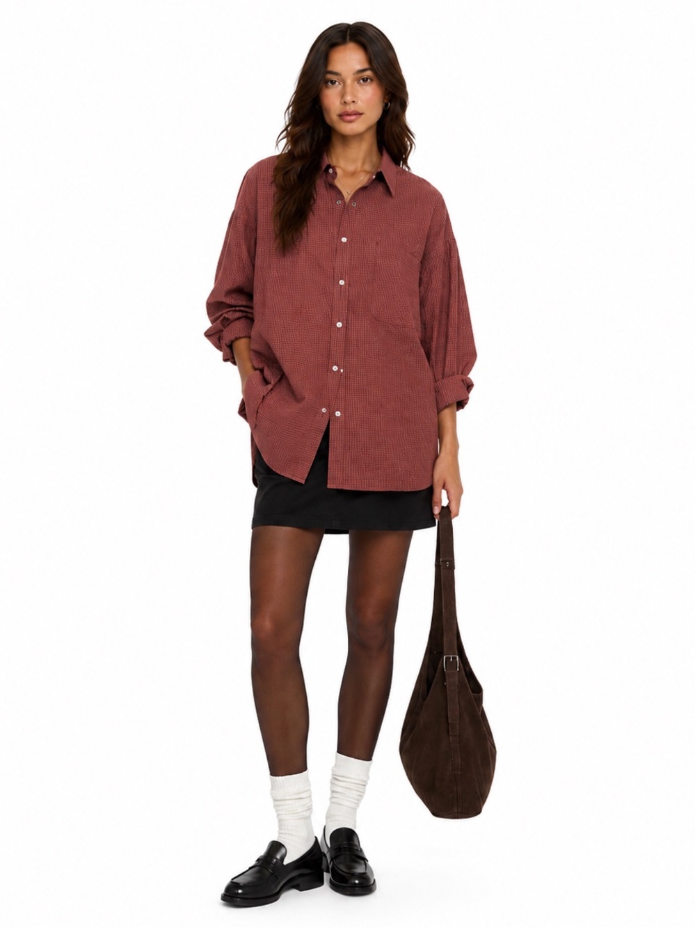 Cest Moi Oversized Cotton Button Up Shirt NWT One Size Rust Brown Plaid MSRP $75